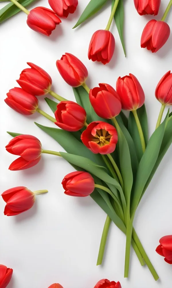 Red Tulips With Green Leaves On A White Background 60 38f3