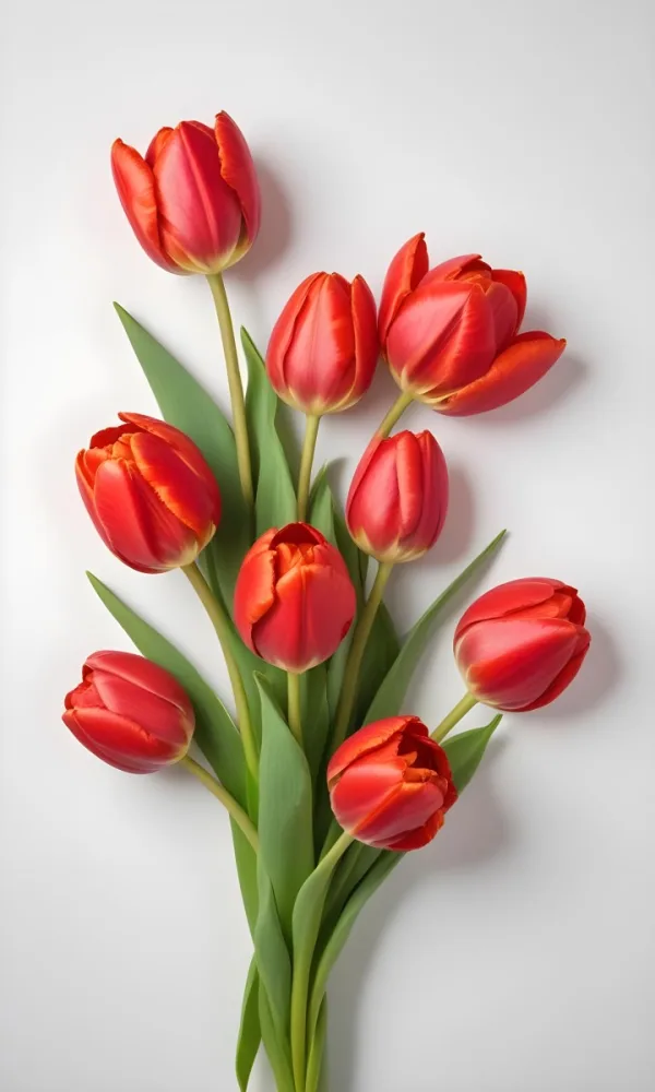 Red Tulips With Green Leaves On A White Background 7 Daba