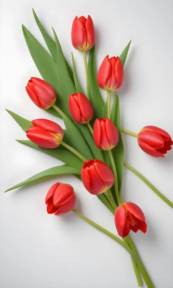 Red Tulips With Green Leaves On A White Background 8 721c