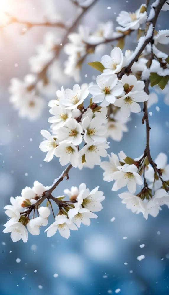 Snowy Tree Branches With White Blossoms Against A Blurred Blue Background With Falling Snowflakes 5 Cd2e