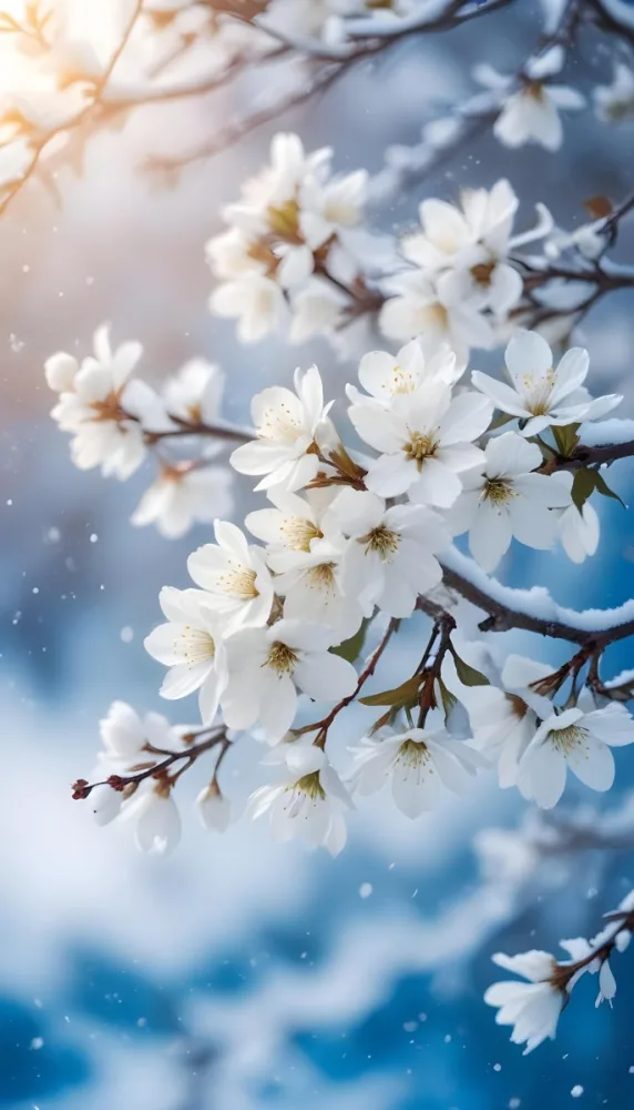 Snowy Tree Branches With White Blossoms Against A Blurred Blue Background With Falling Snowflakes 6 Ab06