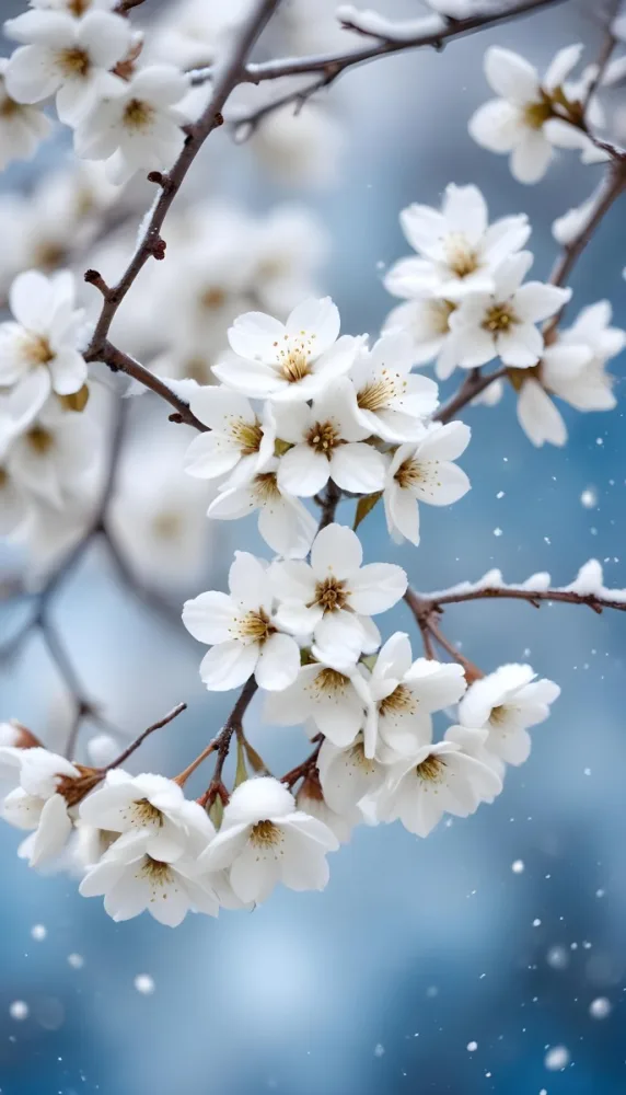 Snowy Tree Branches With White Blossoms Against A Blurred Blue Background With Falling Snowflakes 8 C10a