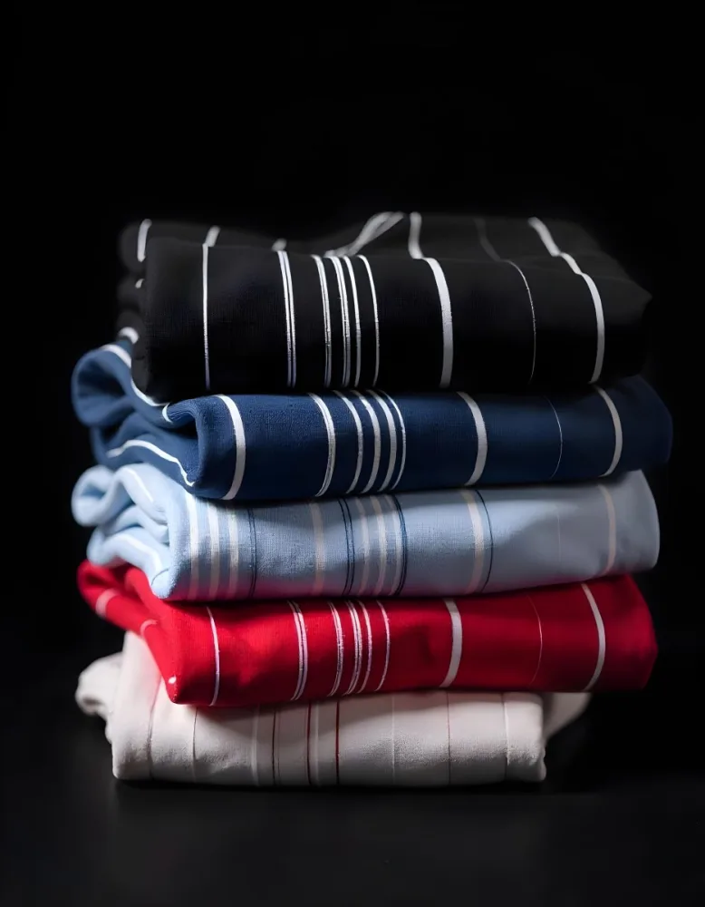 Stack Of Folded Shirts With Vertical Stripes In Black Blue Red And White Colors On A Black Surface 13 06a1
