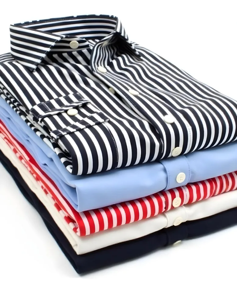 Stack Of Folded Shirts With Vertical Stripes In Black Blue Red And White Colors On A Black Surface 18 7853