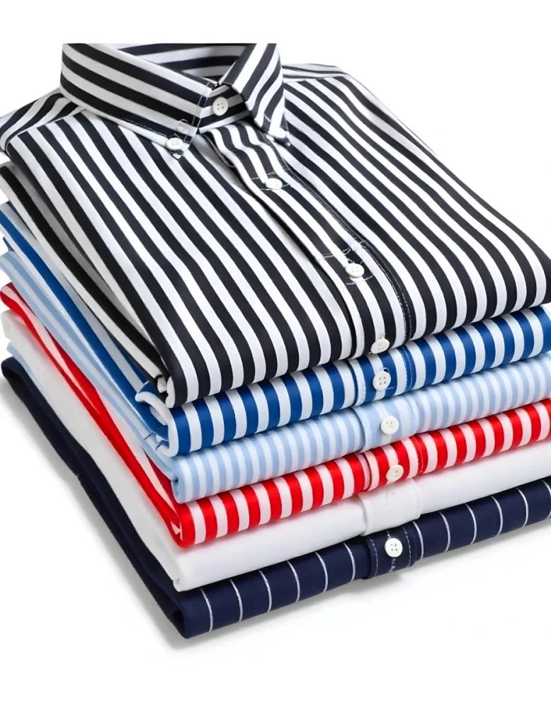 Stack Of Folded Shirts With Vertical Stripes In Black Blue Red And White Colors On A Black Surface 2 583f