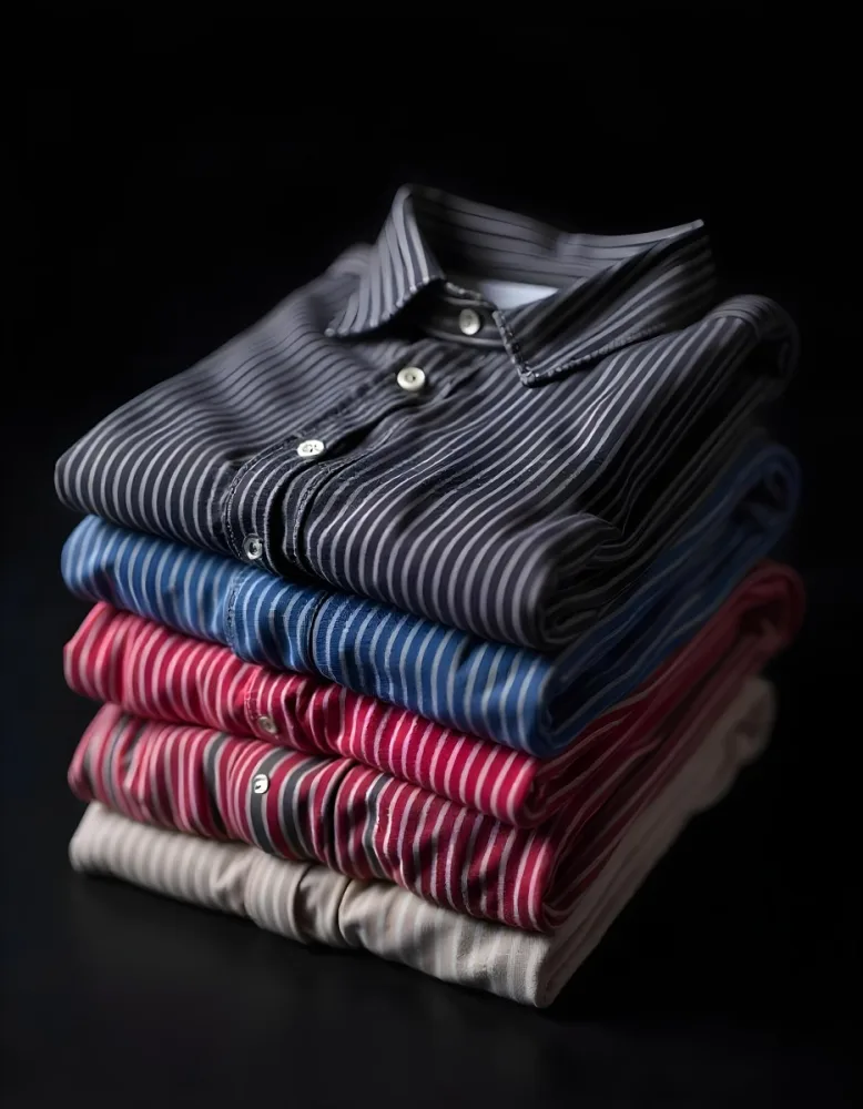 Stack Of Folded Shirts With Vertical Stripes In Black Blue Red And White Colors On A Black Surface 22 Fb56