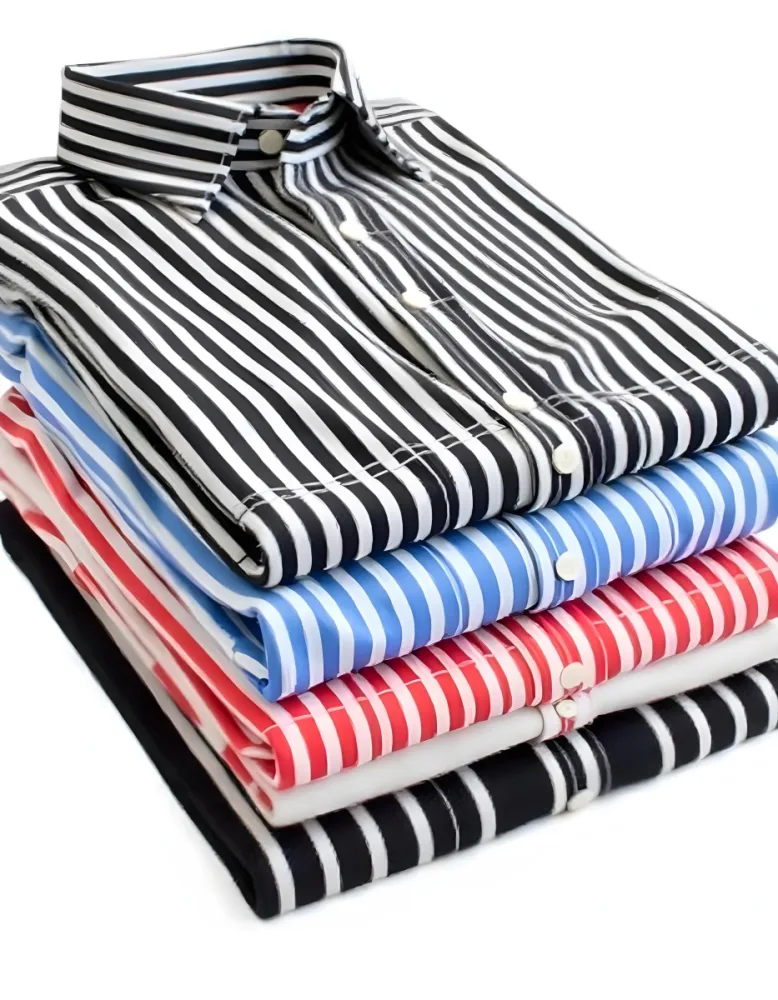 Stack Of Folded Shirts With Vertical Stripes In Black Blue Red And White Colors On A Black Surface 25 C1b3