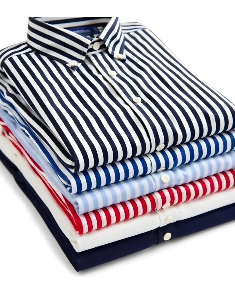 Stack Of Folded Shirts With Vertical Stripes In Black Blue Red And White Colors On A Black Surface 44 027c
