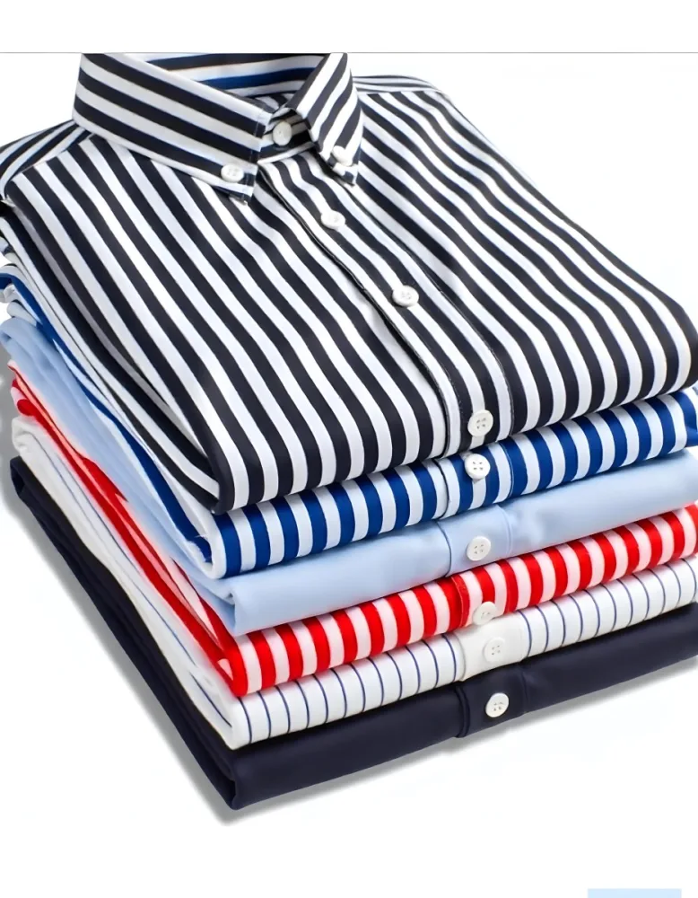 Stack Of Folded Shirts With Vertical Stripes In Black Blue Red And White Colors On A Black Surface 46 6ba5