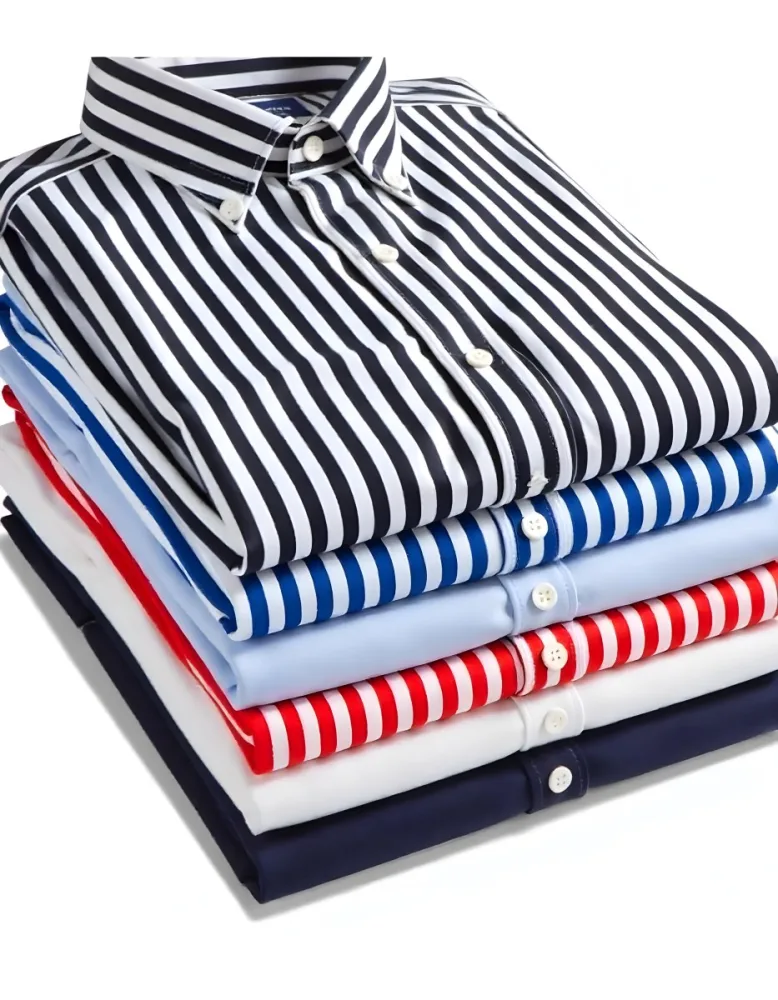 Stack Of Folded Shirts With Vertical Stripes In Black Blue Red And White Colors On A Black Surface 47 9b4f