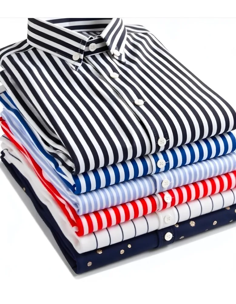 Stack Of Folded Shirts With Vertical Stripes In Black Blue Red And White Colors On A Black Surface 51 9141