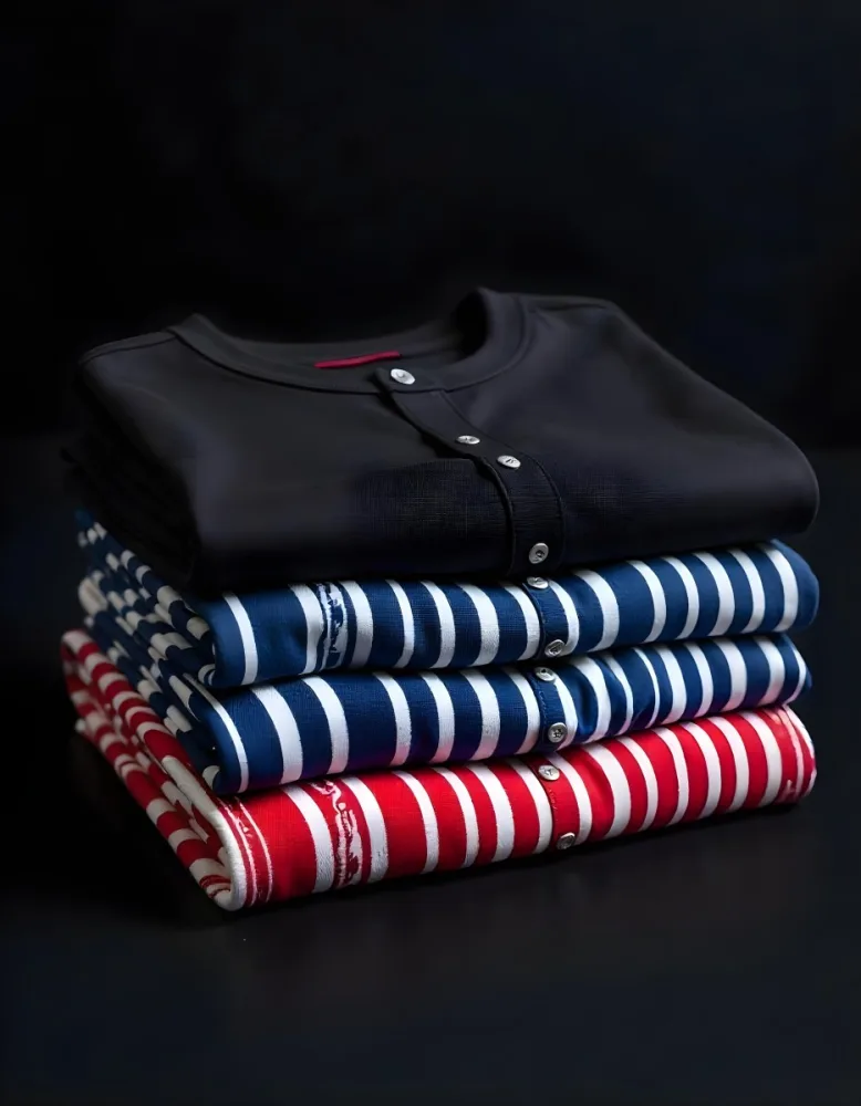 Stack Of Folded Shirts With Vertical Stripes In Black Blue Red And White Colors On A Black Surface 8 068f