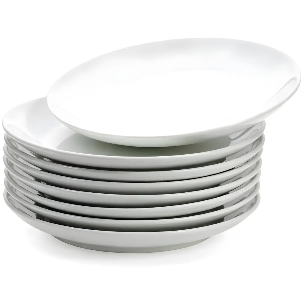 Stack Of Ten White Ceramic Plates Simple Design Uniform Size Smooth Surface Minimalist Aesthetic Clean Presentation White Background 21 Cdca