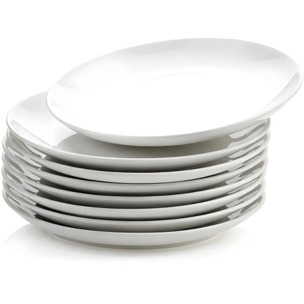 Stack Of Ten White Ceramic Plates Simple Design Uniform Size Smooth Surface Minimalist Aesthetic Clean Presentation White Background 36 C241