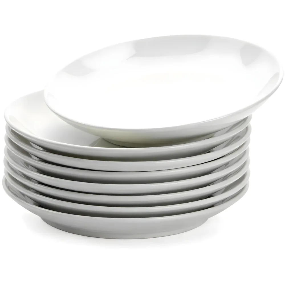 Stack Of Ten White Ceramic Plates Simple Design Uniform Size Smooth Surface Minimalist Aesthetic Clean Presentation White Background 37 7381