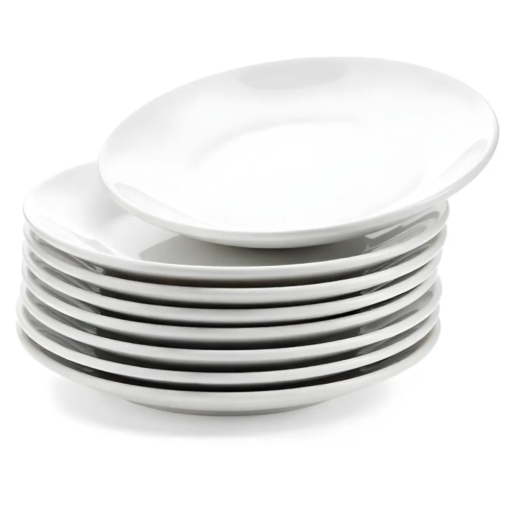 Stack Of Ten White Ceramic Plates Simple Design Uniform Size Smooth Surface Minimalist Aesthetic Clean Presentation White Background 39 132c