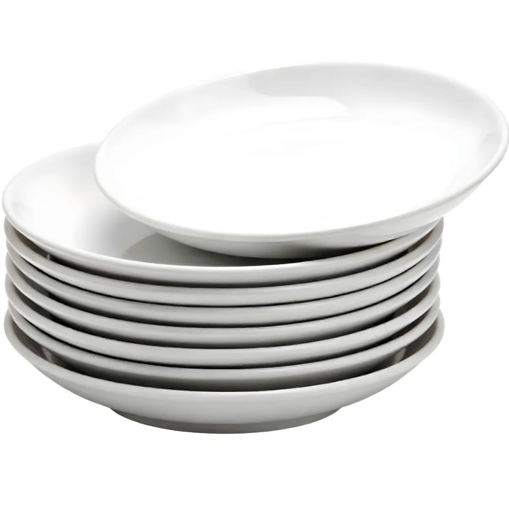 Stack Of Ten White Ceramic Plates Simple Design Uniform Size Smooth Surface Minimalist Aesthetic Clean Presentation White Background 40 3fc5