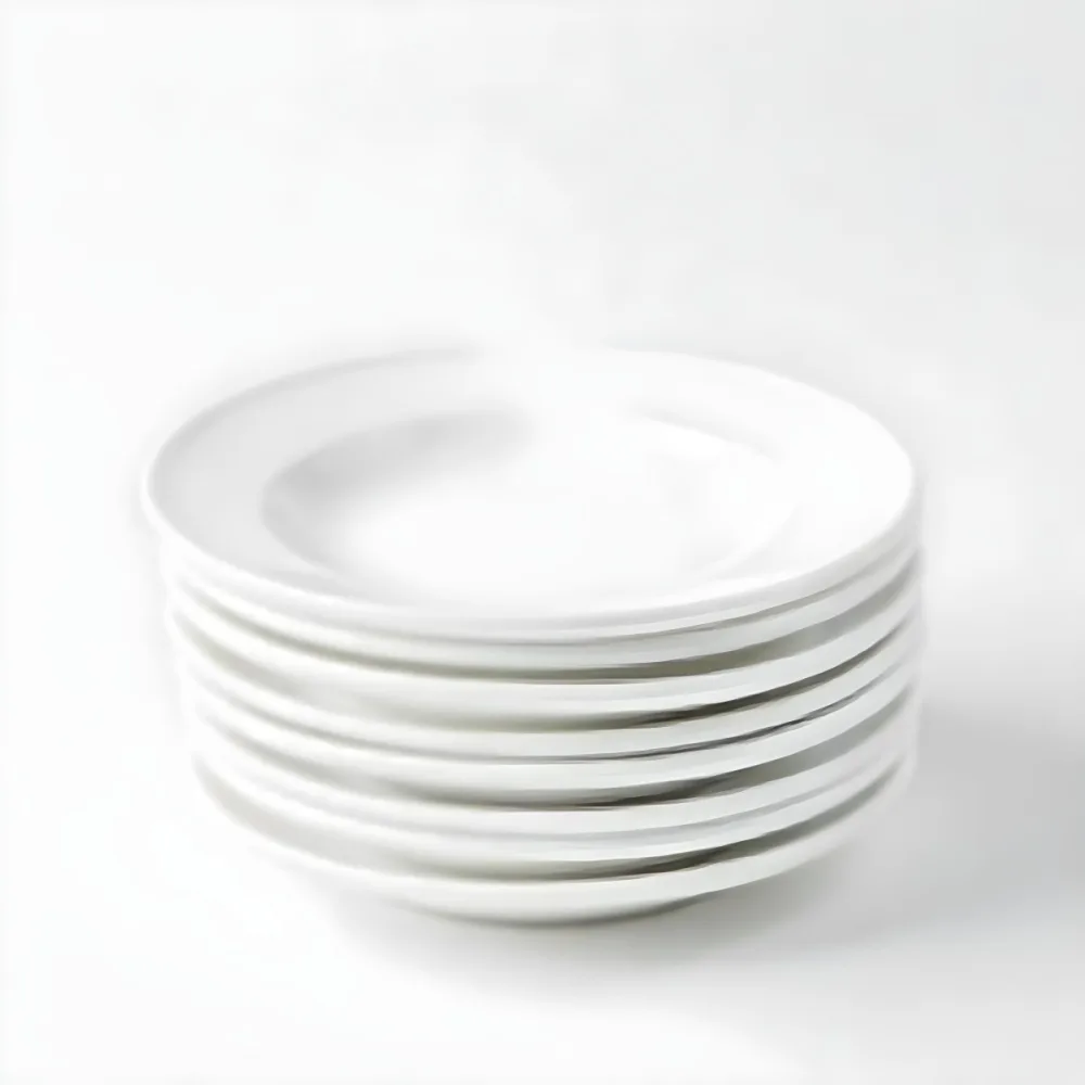 Stack Of Ten White Ceramic Plates Simple Design Uniform Size Smooth Surface Minimalist Aesthetic Clean Presentation White Background 5 F48d