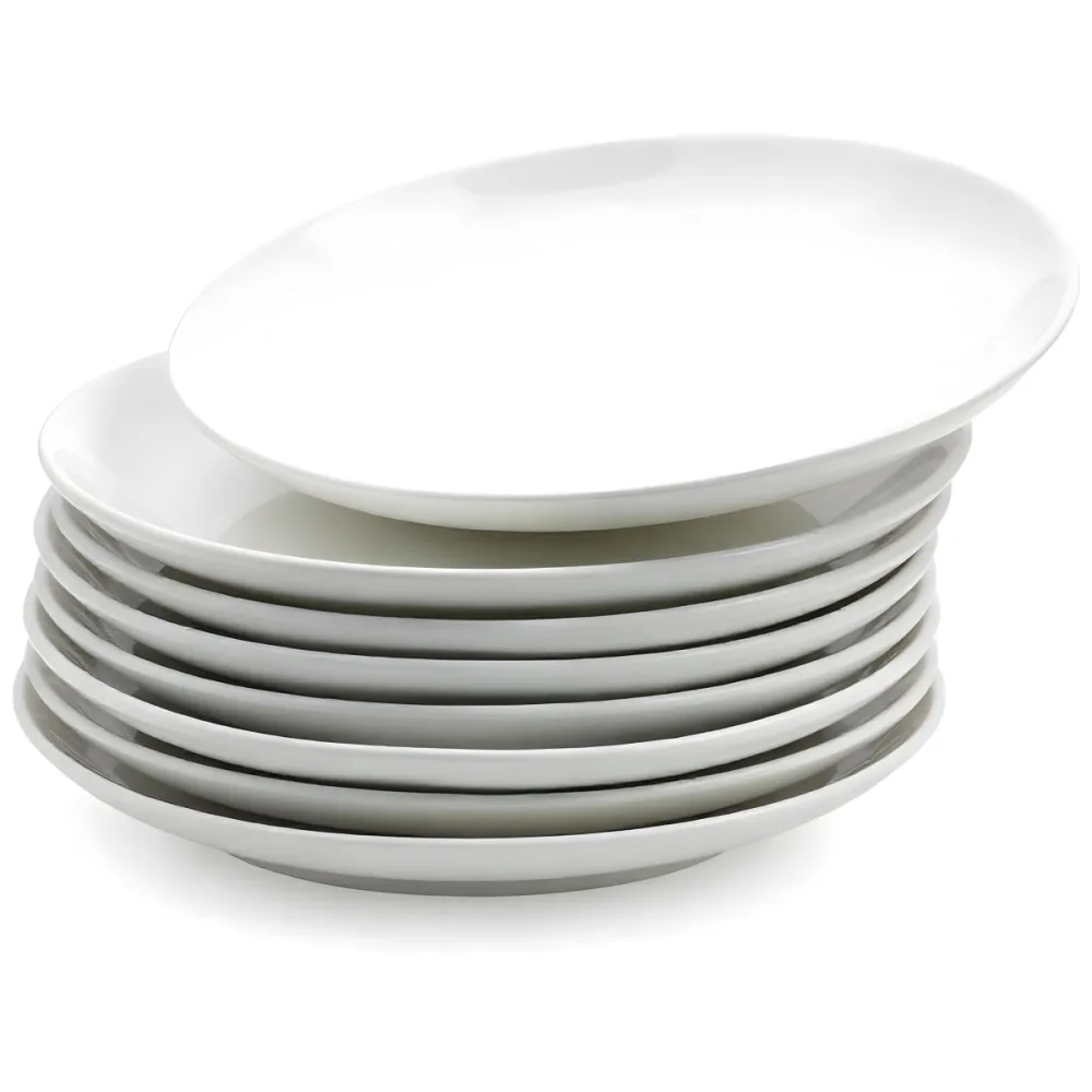 Stack Of Ten White Ceramic Plates Simple Design Uniform Size Smooth Surface Minimalist Aesthetic Clean Presentation White Background 6 18c4