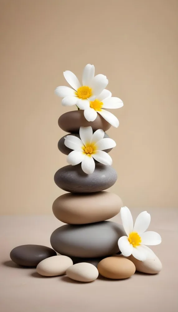 Stacked Smooth Stones Of Varying Sizes And Colors Including Brown With White Flowers Featuring Yellow Centers Placed Nearby The Background Is A Soft Neutral Tone That Complements The Stones And Flowers 1 25ea