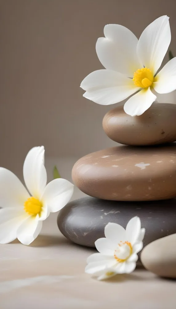 Stacked Smooth Stones Of Varying Sizes And Colors Including Brown With White Flowers Featuring Yellow Centers Placed Nearby The Background Is A Soft Neutral Tone That Complements The Stones And Flowers 12 C50c