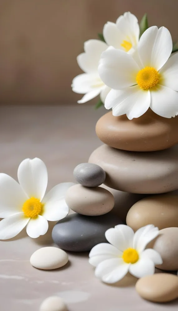 Stacked Smooth Stones Of Varying Sizes And Colors Including Brown With White Flowers Featuring Yellow Centers Placed Nearby The Background Is A Soft Neutral Tone That Complements The Stones And Flowers 18 Ad4f