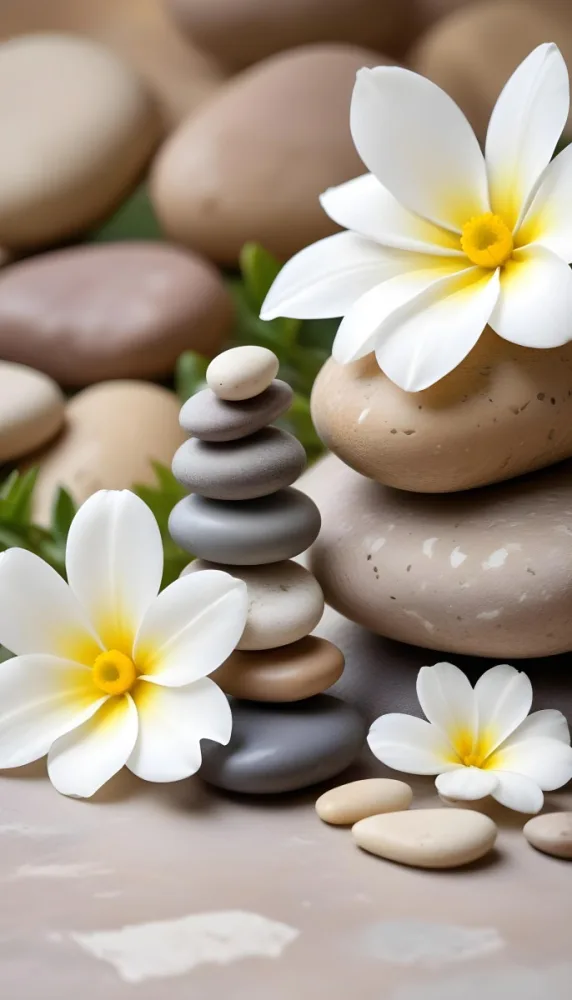 Stacked Smooth Stones Of Varying Sizes And Colors Including Brown With White Flowers Featuring Yellow Centers Placed Nearby The Background Is A Soft Neutral Tone That Complements The Stones And Flowers 19 9364