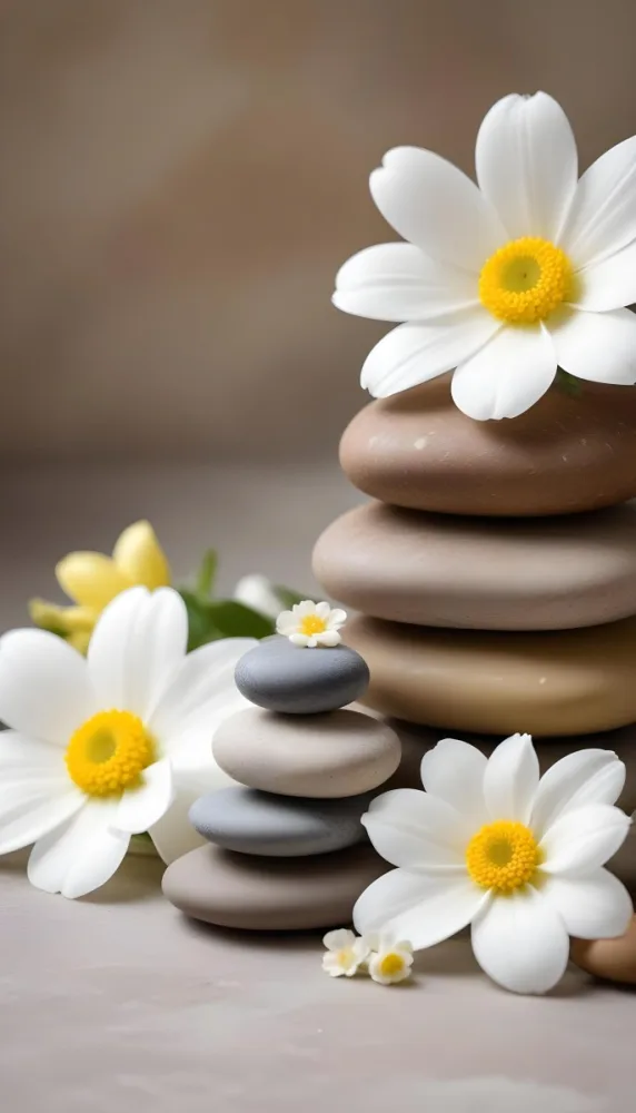 Stacked Smooth Stones Of Varying Sizes And Colors Including Brown With White Flowers Featuring Yellow Centers Placed Nearby The Background Is A Soft Neutral Tone That Complements The Stones And Flowers 2 Fcf1