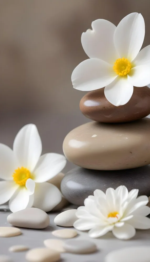Stacked Smooth Stones Of Varying Sizes And Colors Including Brown With White Flowers Featuring Yellow Centers Placed Nearby The Background Is A Soft Neutral Tone That Complements The Stones And Flowers 22 D816
