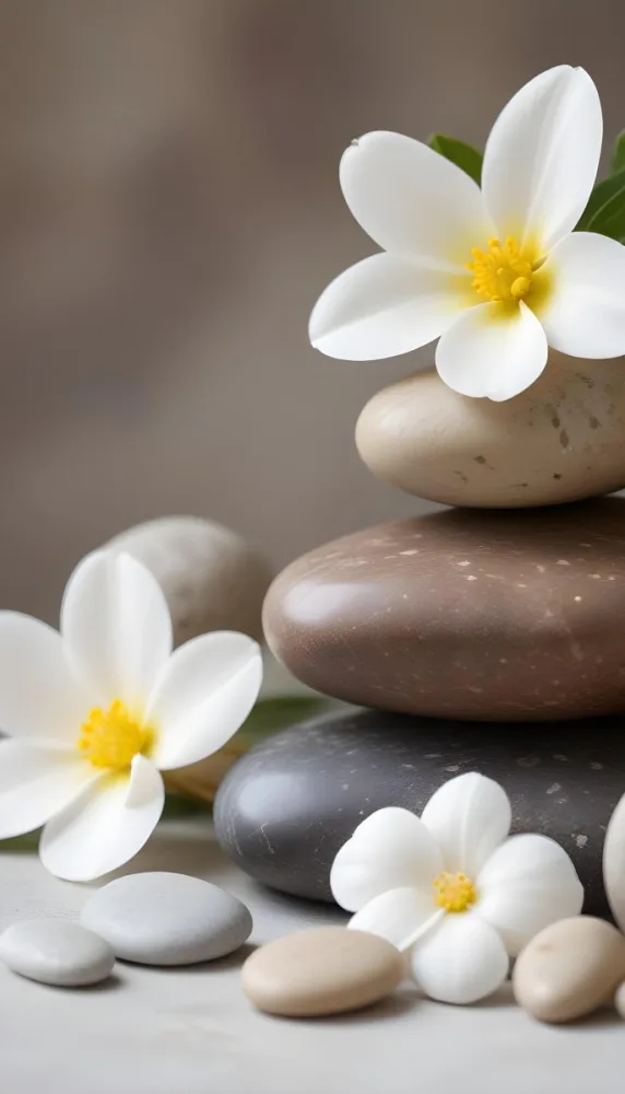 Stacked Smooth Stones Of Varying Sizes And Colors Including Brown With White Flowers Featuring Yellow Centers Placed Nearby The Background Is A Soft Neutral Tone That Complements The Stones And Flowers 29 A91a