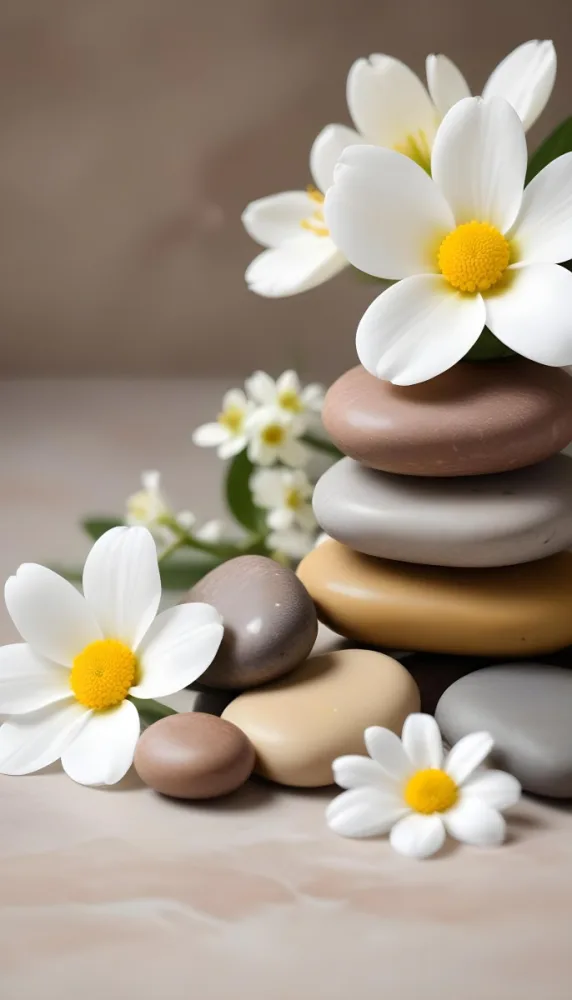 Stacked Smooth Stones Of Varying Sizes And Colors Including Brown With White Flowers Featuring Yellow Centers Placed Nearby The Background Is A Soft Neutral Tone That Complements The Stones And Flowers 3 89db