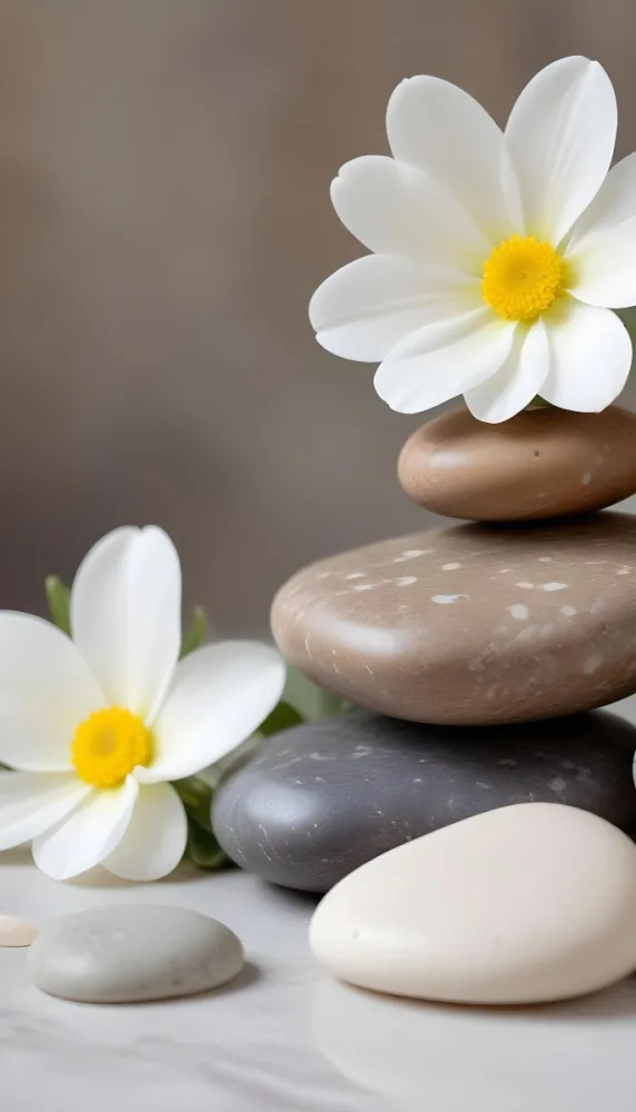 Stacked Smooth Stones Of Varying Sizes And Colors Including Brown With White Flowers Featuring Yellow Centers Placed Nearby The Background Is A Soft Neutral Tone That Complements The Stones And Flowers 30 2b0f