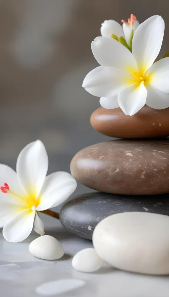 Stacked Smooth Stones Of Varying Sizes And Colors Including Brown With White Flowers Featuring Yellow Centers Placed Nearby The Background Is A Soft Neutral Tone That Complements The Stones And Flowers 31 Ff28