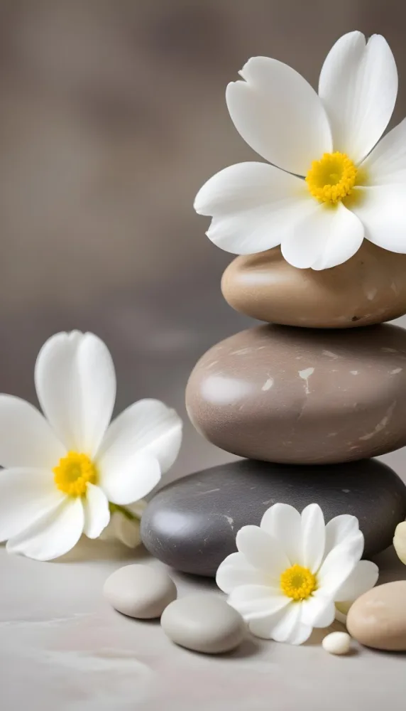 Stacked Smooth Stones Of Varying Sizes And Colors Including Brown With White Flowers Featuring Yellow Centers Placed Nearby The Background Is A Soft Neutral Tone That Complements The Stones And Flowers 32 9de0