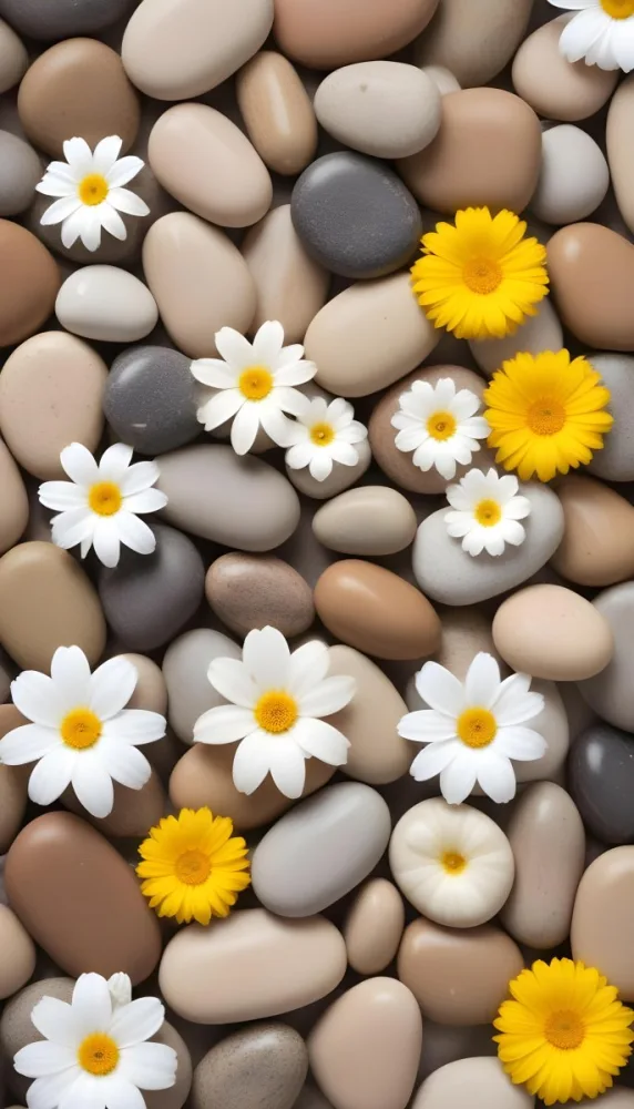 Stacked Smooth Stones Of Varying Sizes And Colors Including Brown With White Flowers Featuring Yellow Centers Placed Nearby The Background Is A Soft Neutral Tone That Complements The Stones And Flowers 4 07e3