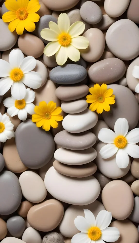 Stacked Smooth Stones Of Varying Sizes And Colors Including Brown With White Flowers Featuring Yellow Centers Placed Nearby The Background Is A Soft Neutral Tone That Complements The Stones And Flowers 5 8552