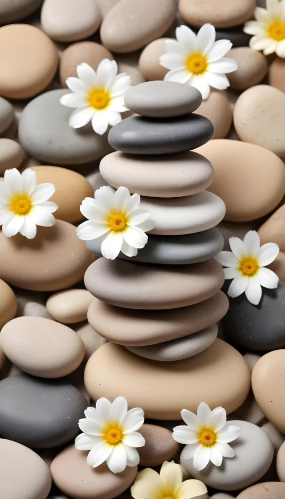 Stacked Smooth Stones Of Varying Sizes And Colors Including Brown With White Flowers Featuring Yellow Centers Placed Nearby The Background Is A Soft Neutral Tone That Complements The Stones And Flowers 6 931a