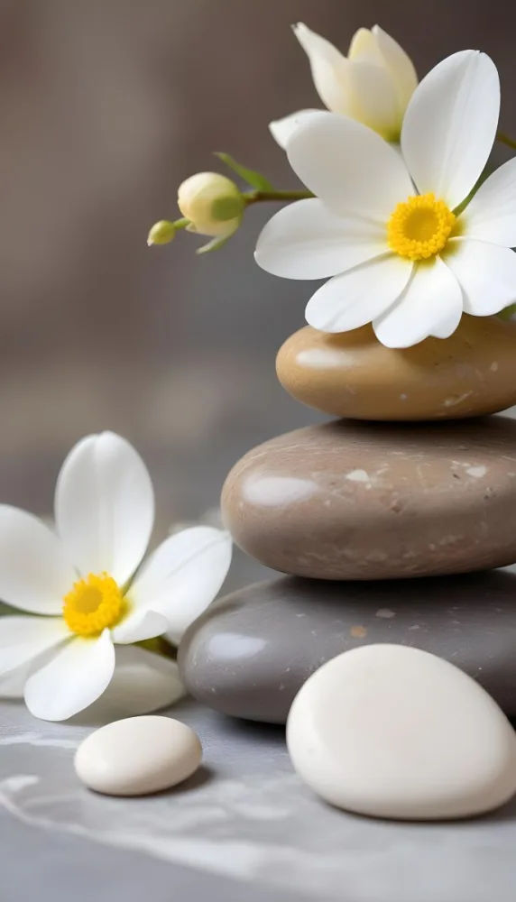 Stacked Smooth Stones Of Varying Sizes And Colors Including Brown With White Flowers Featuring Yellow Centers Placed Nearby The Background Is A Soft Neutral Tone That Complements The Stones And Flowers 7 975e