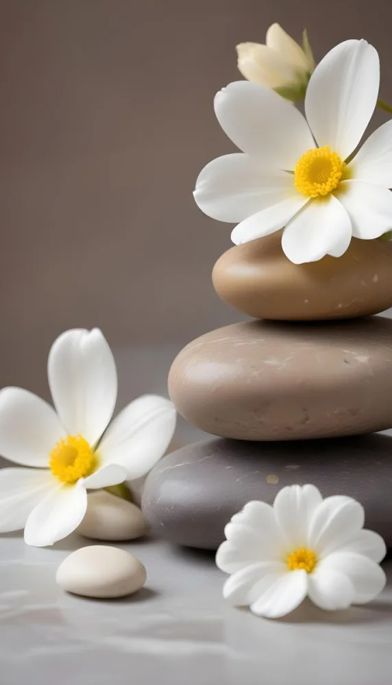 Stacked Smooth Stones Of Varying Sizes And Colors Including Brown With White Flowers Featuring Yellow Centers Placed Nearby The Background Is A Soft Neutral Tone That Complements The Stones And Flowers 8 Ff12