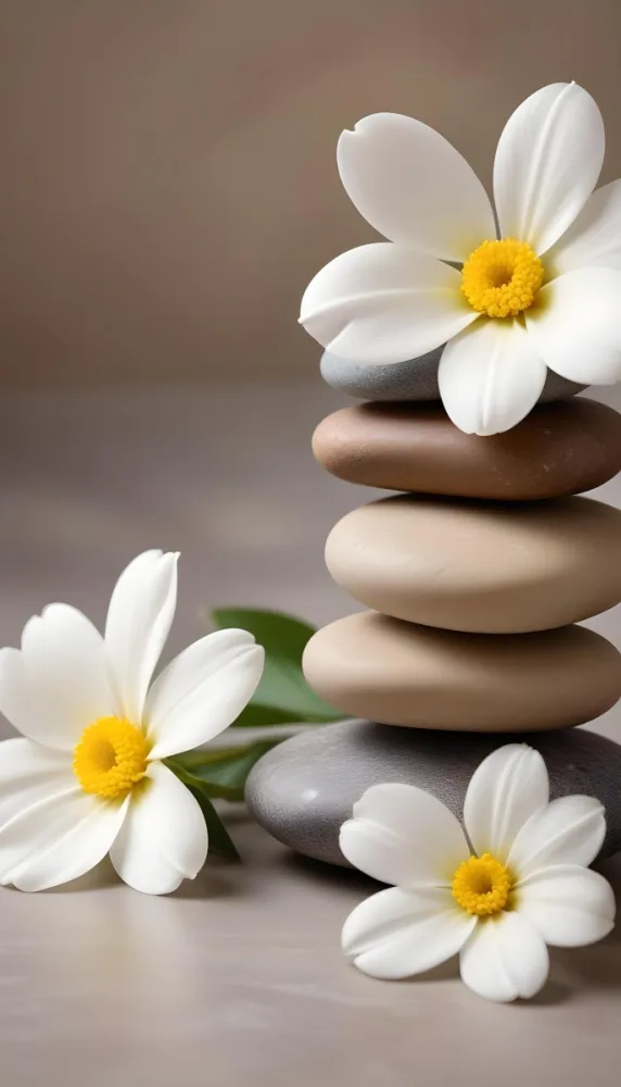 Stacked Smooth Stones Of Varying Sizes And Colors Including Brown With White Flowers Featuring Yellow Centers Placed Nearby The Background Is A Soft Neutral Tone That Complements The Stones And Flowers 9 7bae