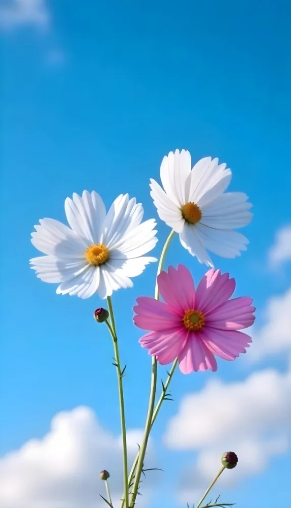Three Cosmos Flowers Two Blue And One Blue With White Centers Against A Vibrant Blue Sky With Soft Scattered Clouds Creating A Cheerful And Vibrant Floral Scene 5 Ac65