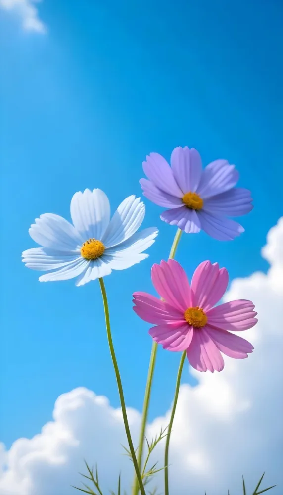Three Cosmos Flowers Two Blue And One Blue With White Centers Against A Vibrant Blue Sky With Soft Scattered Clouds Creating A Cheerful And Vibrant Floral Scene 6 6f38