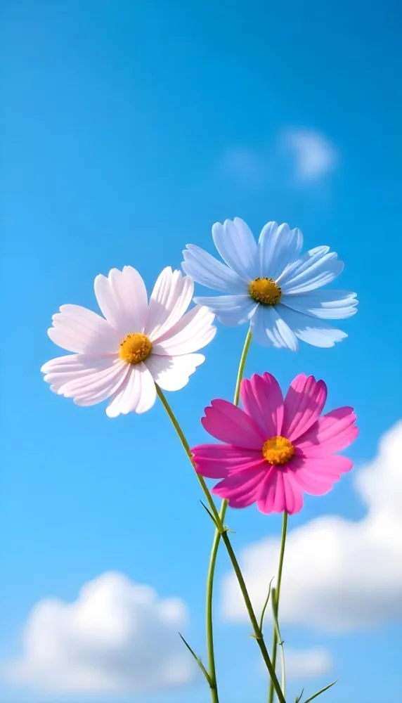 Three Cosmos Flowers Two Blue And One Blue With White Centers Against A Vibrant Blue Sky With Soft Scattered Clouds Creating A Cheerful And Vibrant Floral Scene 7 2d2d