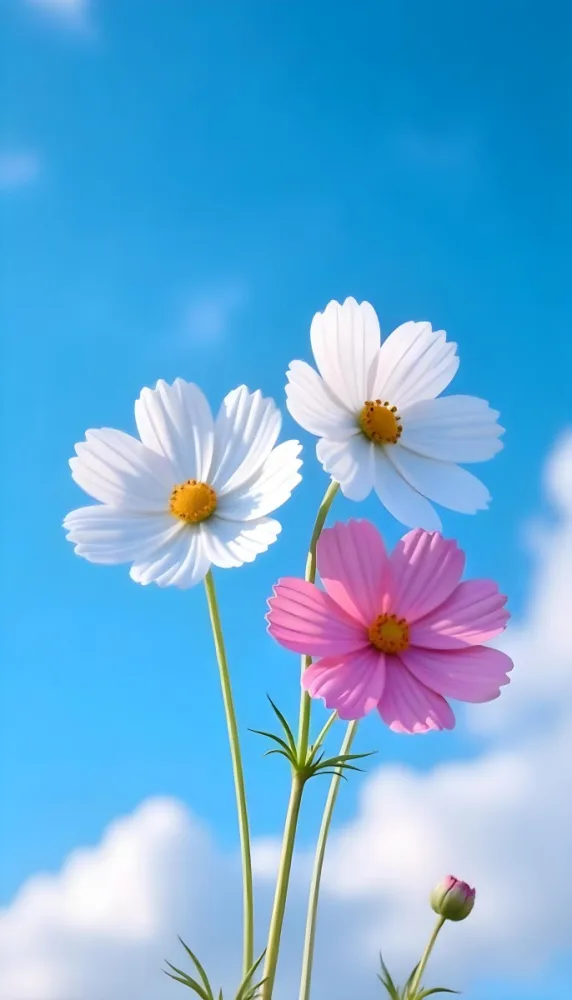 Three Cosmos Flowers Two Blue And One Blue With White Centers Against A Vibrant Blue Sky With Soft Scattered Clouds Creating A Cheerful And Vibrant Floral Scene 8 5781
