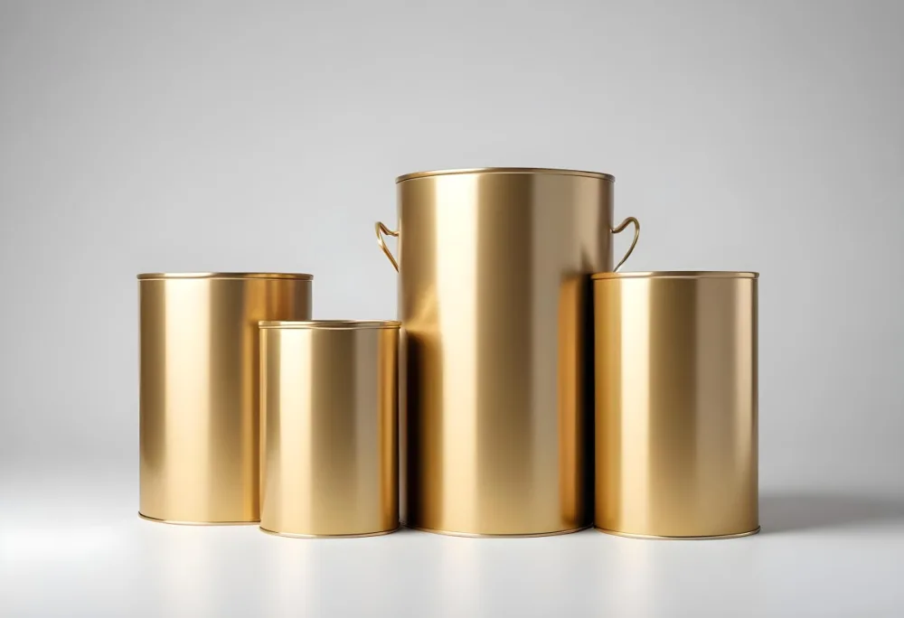 Three Golden Cans Of Different Shapes And Sizes One Rectangular One Cylindrical And One Circular On A White Background 5 5ac4