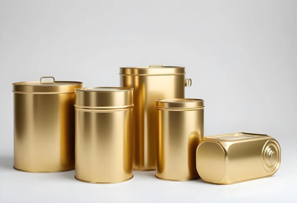 Three Golden Cans Of Different Shapes And Sizes One Rectangular One Cylindrical And One Circular On A White Background 8 9aec