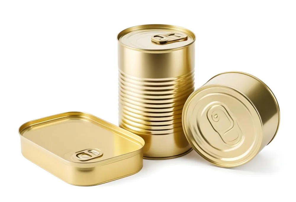 Three Golden Cans Of Different Shapes And Sizes One Rectangular One Cylindrical And One Circular On A White Background 9 157b