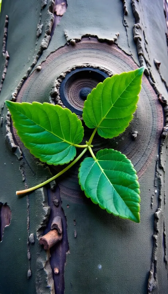 Three Green Leaves Growing From A Tree Trunk The Leaves Are Bright Green And Healthy The Tree Trunk Is Green And Weathered Nature Concept 14 4d53