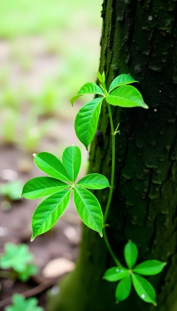 Three Green Leaves Growing From A Tree Trunk The Leaves Are Bright Green And Healthy The Tree Trunk Is Green And Weathered Nature Concept 18 431d