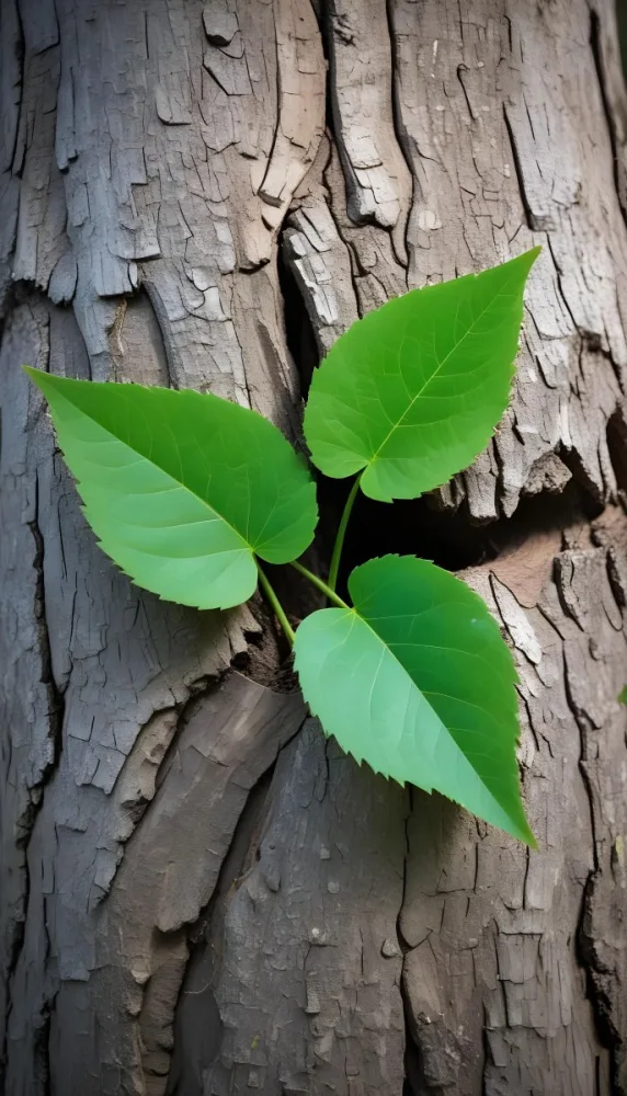 Three Green Leaves Growing From A Tree Trunk The Leaves Are Bright Green And Healthy The Tree Trunk Is Green And Weathered Nature Concept 21 C354